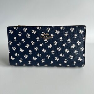 Coach Slim Zip Wallet Deep Blue Floral Butterfly Leather CB024‎ NWT
